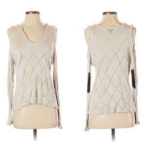 1020 Nicole Miller Beige Knit Cold Shoulder Elbow Patch Sweater Small